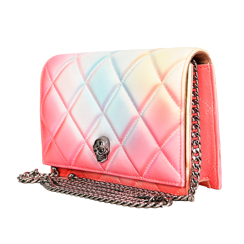 NEW $1,290 ALEXANDER MCQUEEN Pink Degraded OMBRE Leather QUILTED Skull FLAP BAG