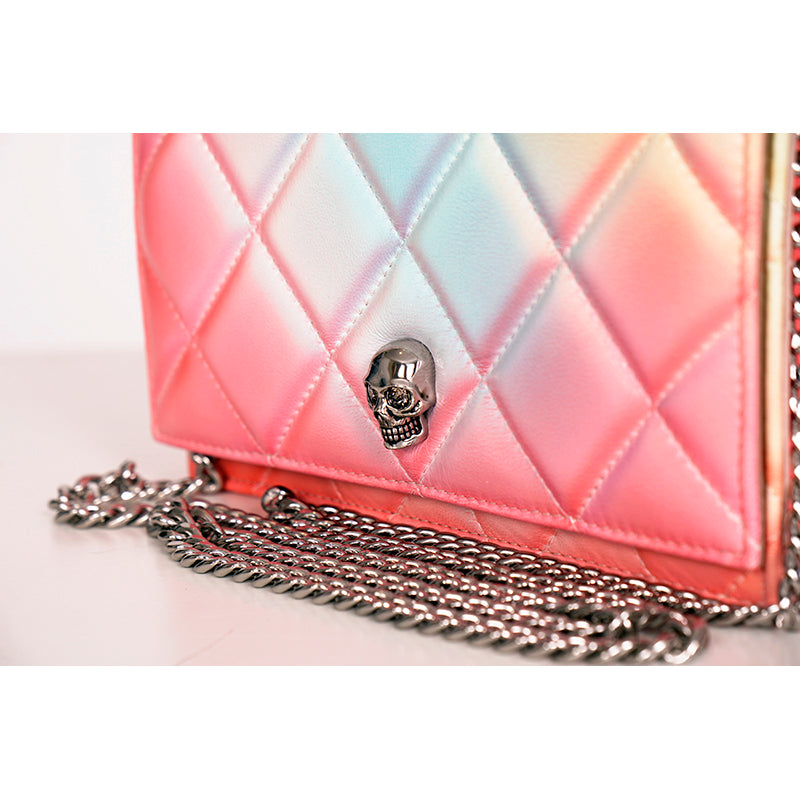 NEW $1,290 ALEXANDER MCQUEEN Pink Degraded OMBRE Leather QUILTED Skull FLAP BAG