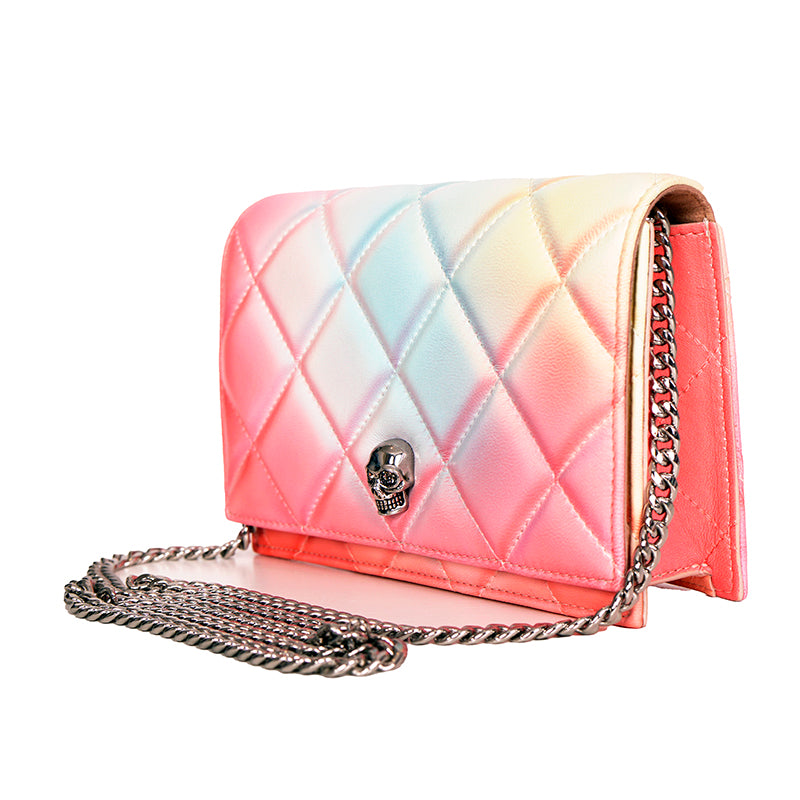 NEW $1,290 ALEXANDER MCQUEEN Pink Degraded OMBRE Leather QUILTED Skull FLAP BAG