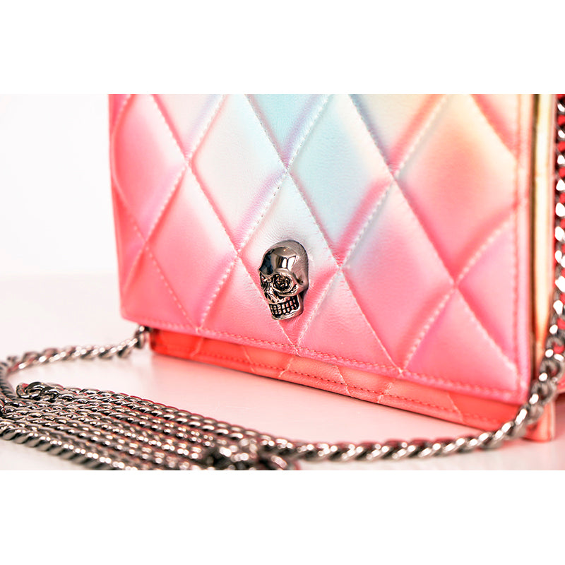 NEW $1,290 ALEXANDER MCQUEEN Pink Degraded OMBRE Leather QUILTED Skull FLAP BAG