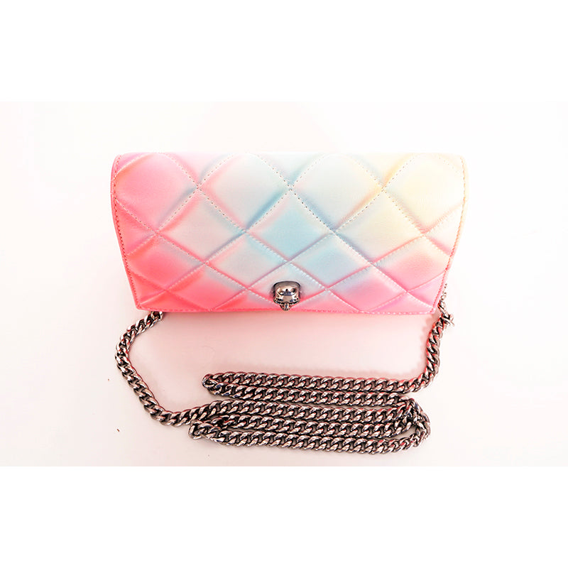 NEW $1,290 ALEXANDER MCQUEEN Pink Degraded OMBRE Leather QUILTED Skull FLAP BAG