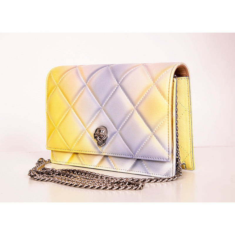 NEW $1,290 ALEXANDER MCQUEEN Pink Degraded OMBRE Leather QUILTED Skull FLAP BAG