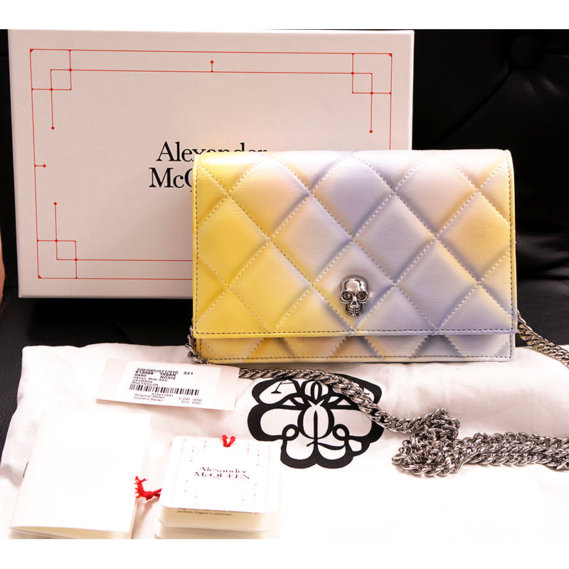 NEW $1,290 ALEXANDER MCQUEEN Pink Degraded OMBRE Leather QUILTED Skull FLAP BAG