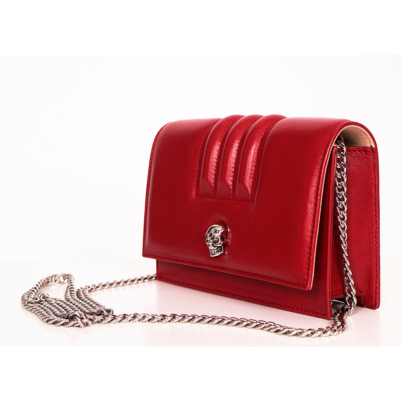 NEW $1290 ALEXANDER MCQUEEN Red Leather MOTORCYCLE RIBBED SKULL Crossbody BAG