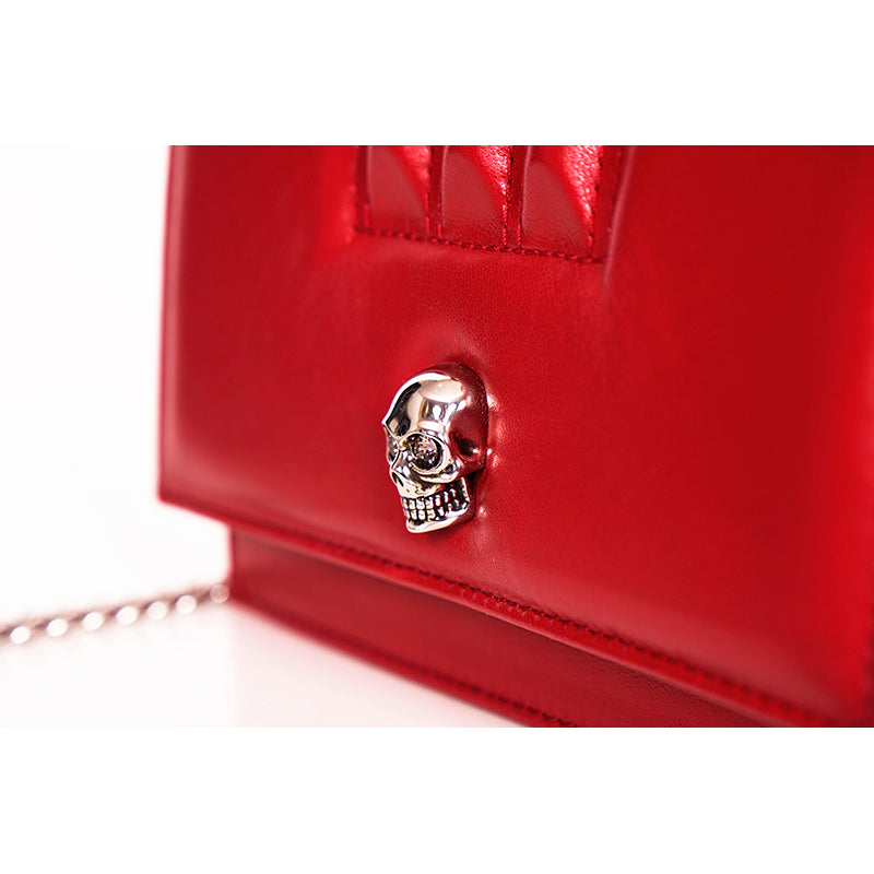 NEW $1290 ALEXANDER MCQUEEN Red Leather MOTORCYCLE RIBBED SKULL Crossbody BAG