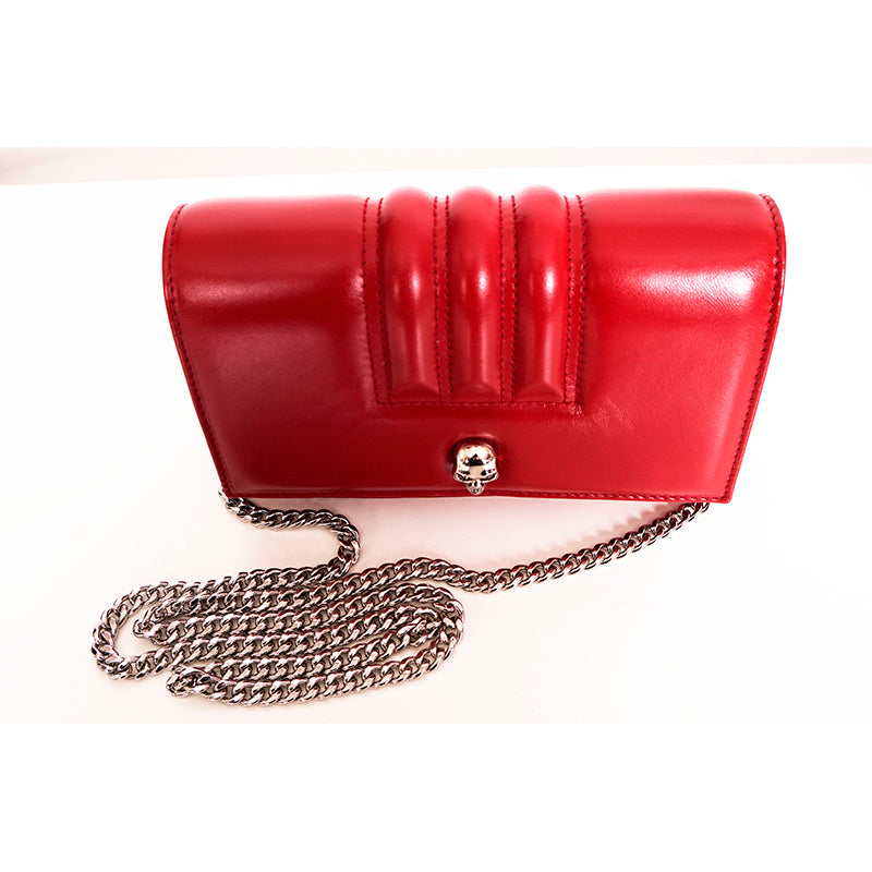 NEW $1290 ALEXANDER MCQUEEN Red Leather MOTORCYCLE RIBBED SKULL Crossbody BAG