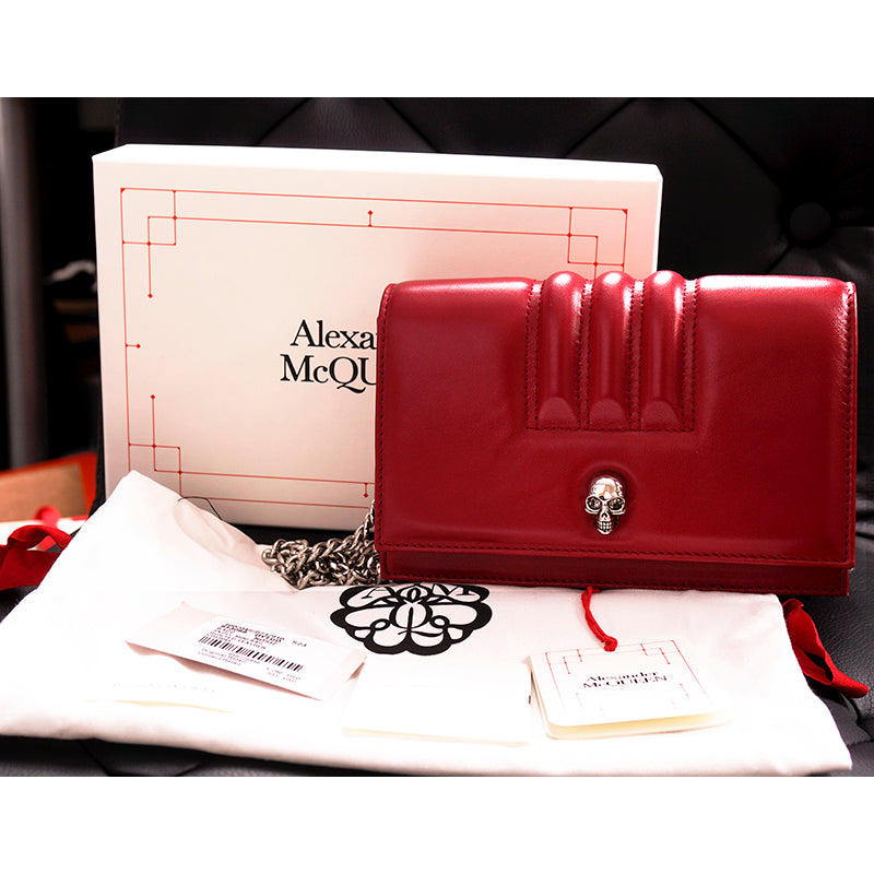 NEW $1290 ALEXANDER MCQUEEN Red Leather MOTORCYCLE RIBBED SKULL Crossbody BAG