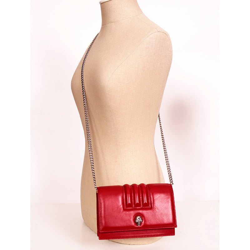 NEW $1290 ALEXANDER MCQUEEN Red Leather MOTORCYCLE RIBBED SKULL Crossbody BAG