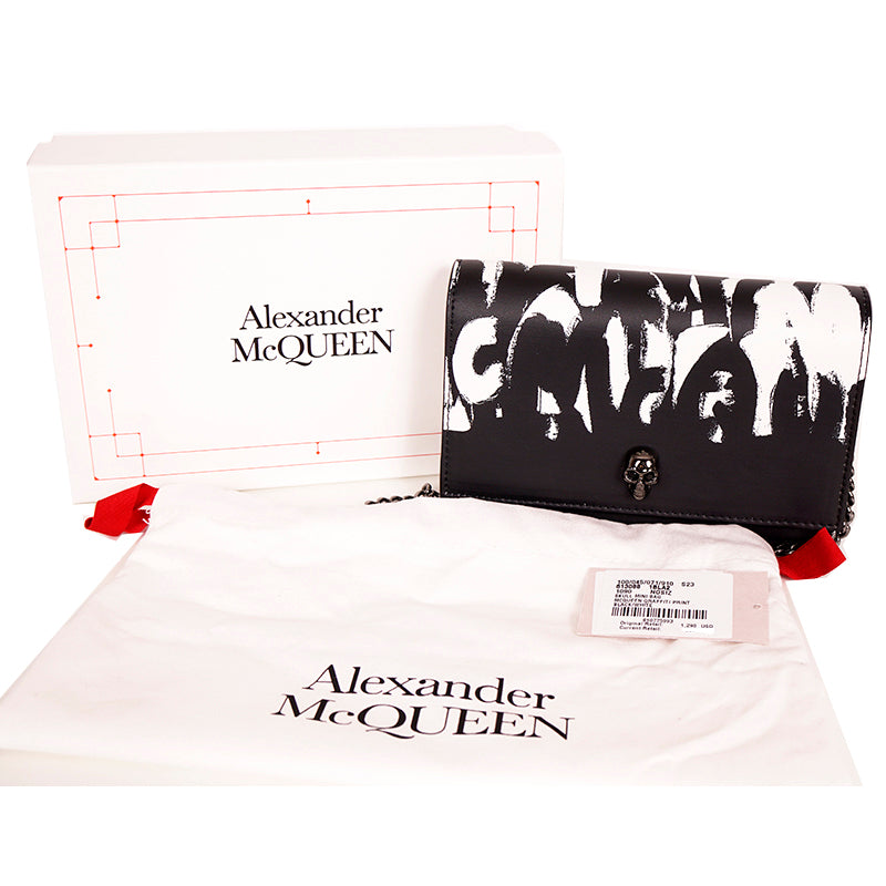 NEW $1290 ALEXANDER MCQUEEN Black WHITE GRAFFITI Leather SKULL Crossbody BAG NIB