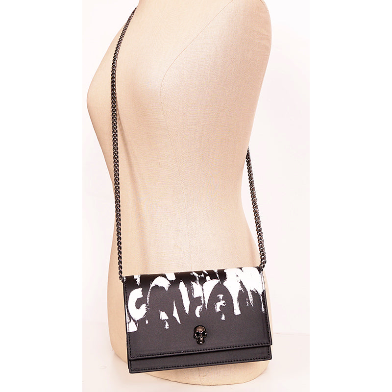 NEW $1290 ALEXANDER MCQUEEN Black WHITE GRAFFITI Leather SKULL Crossbody BAG NIB