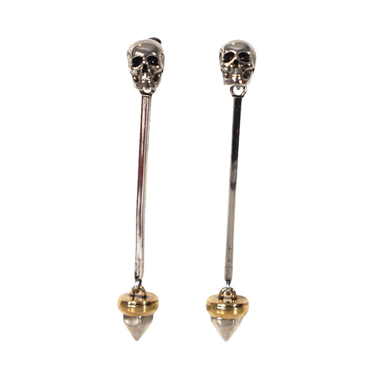 NEW $650 ALEXANDER MCQUEEN Silver Tone Brass SKULL STUD Drop Pendant EARRINGS