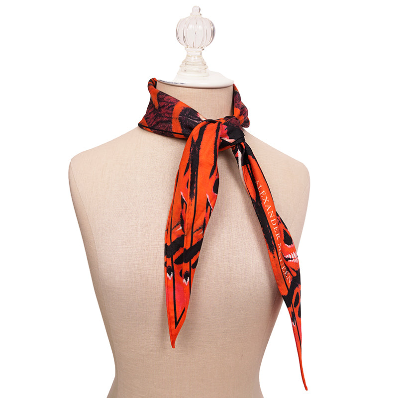 NEW $395 ALEXANDER MCQUEEN Red/Orange TIGER WINGS RUNWAY Twill Silk TOP SCARF