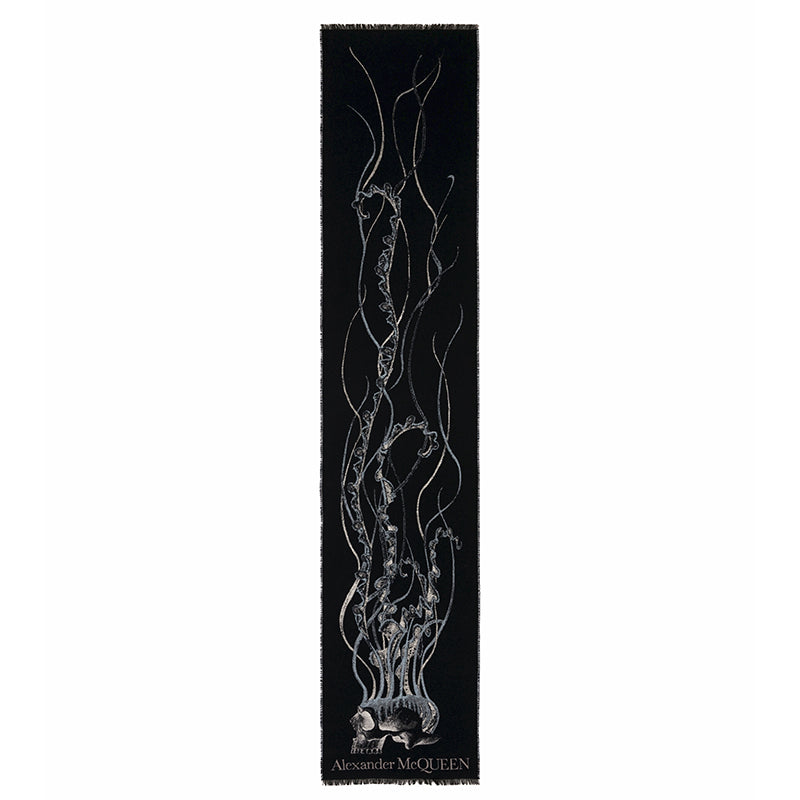 NEW $520 ALEXANDER MCQUEEN Midnight Blue JELLYFISH SKULL Wool Silk Long SCARF