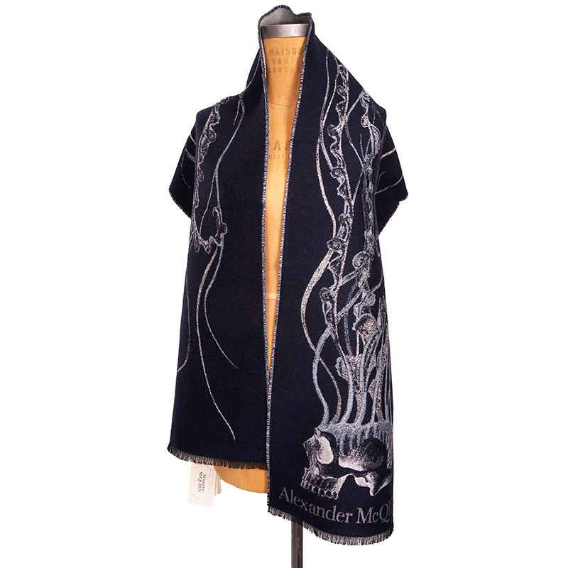 NEW $520 ALEXANDER MCQUEEN Midnight Blue JELLYFISH SKULL Wool Silk Long SCARF