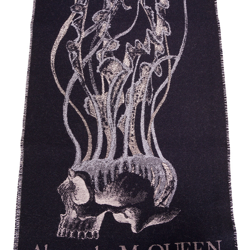 NEW $520 ALEXANDER MCQUEEN Midnight Blue JELLYFISH SKULL Wool Silk Long SCARF