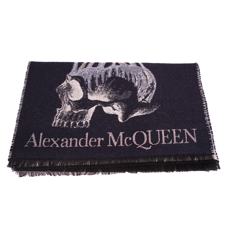 NEW $520 ALEXANDER MCQUEEN Midnight Blue JELLYFISH SKULL Wool Silk Long SCARF