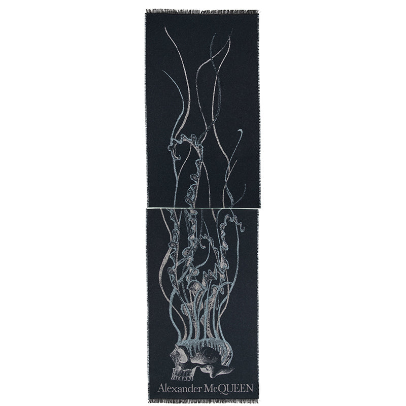 NEW $520 ALEXANDER MCQUEEN Midnight Blue JELLYFISH SKULL Wool Silk Long SCARF