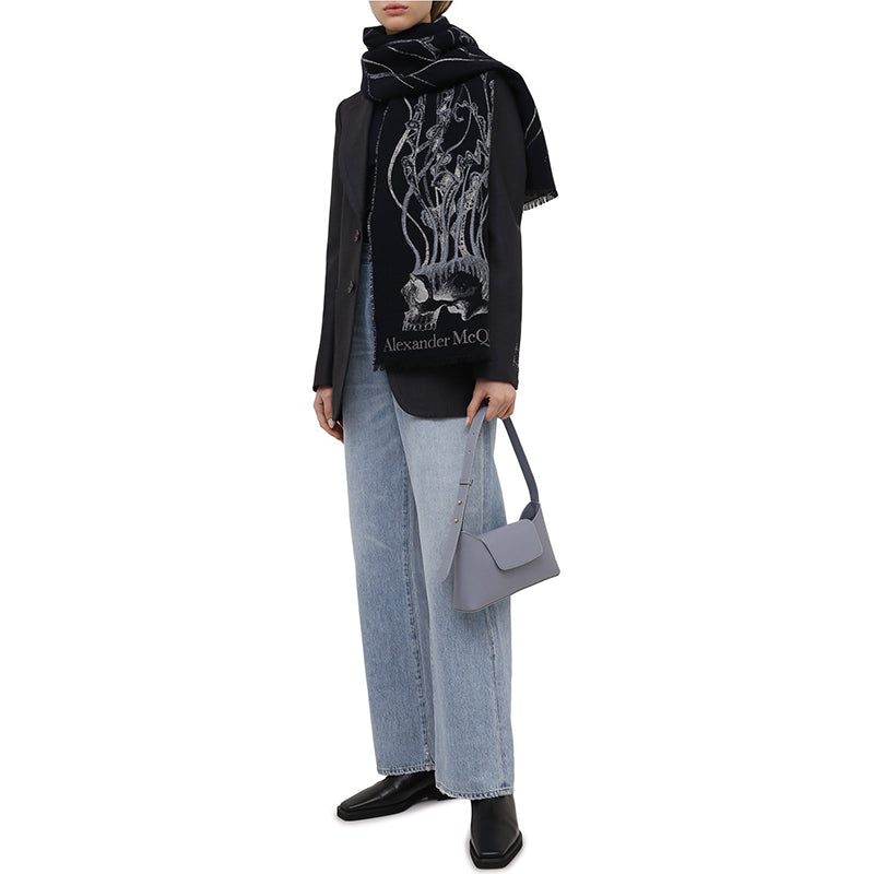 NEW $520 ALEXANDER MCQUEEN Midnight Blue JELLYFISH SKULL Wool Silk Long SCARF