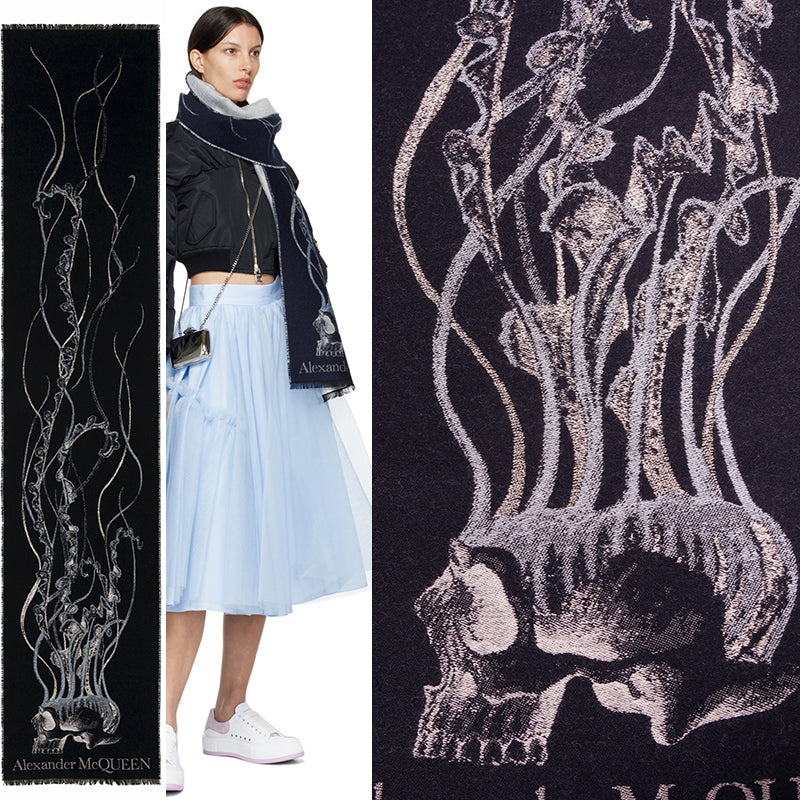 NEW $520 ALEXANDER MCQUEEN Midnight Blue JELLYFISH SKULL Wool Silk Long SCARF