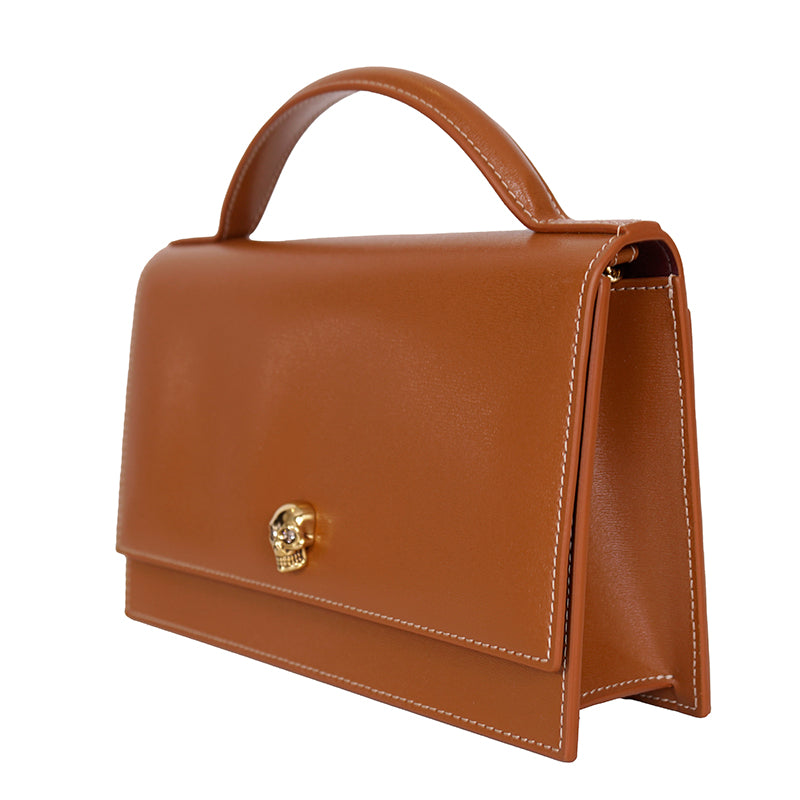 NEW $1,290 ALEXANDER MCQUEEN Caramel Leather SKULL TOP HANDLE BAG & CHAIN STRAP