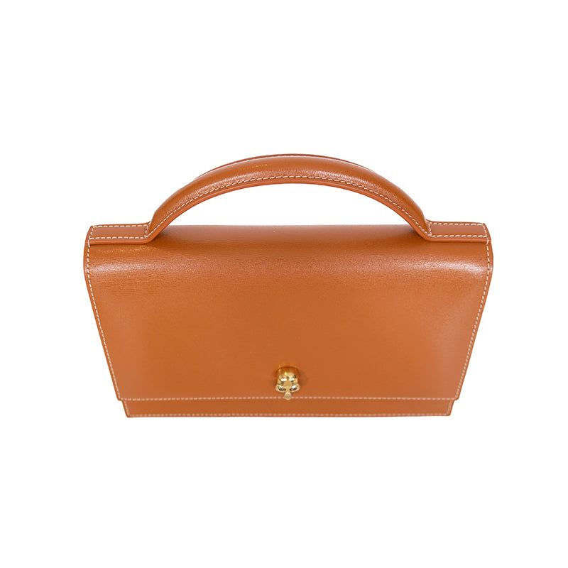 NEW $1,290 ALEXANDER MCQUEEN Caramel Leather SKULL TOP HANDLE BAG & CHAIN STRAP