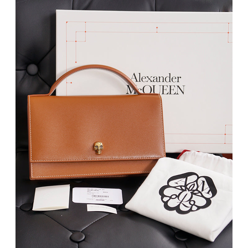 NEW $1,290 ALEXANDER MCQUEEN Caramel Leather SKULL TOP HANDLE BAG & CHAIN STRAP