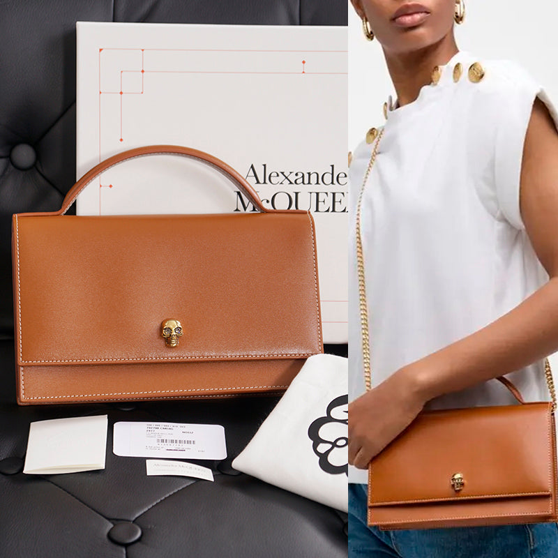 NEW $1,290 ALEXANDER MCQUEEN Caramel Leather SKULL TOP HANDLE BAG & CHAIN STRAP