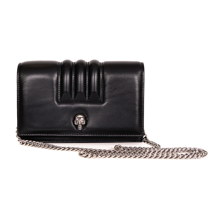 NEW $1290 ALEXANDER MCQUEEN Black Leather MOTORCYCLE RIBBED SKULL Crossbody BAG