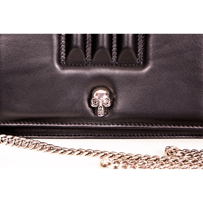 NEW $1290 ALEXANDER MCQUEEN Black Leather MOTORCYCLE RIBBED SKULL Crossbody BAG