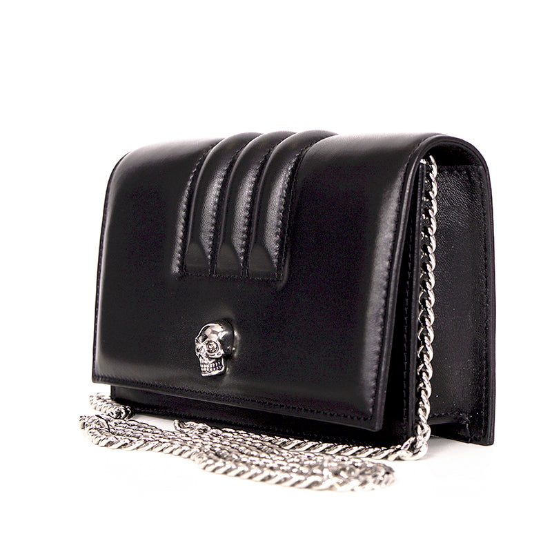NEW $1290 ALEXANDER MCQUEEN Black Leather MOTORCYCLE RIBBED SKULL Crossbody BAG