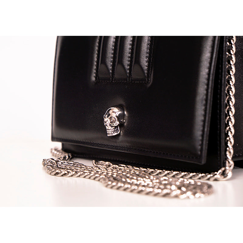 NEW $1290 ALEXANDER MCQUEEN Black Leather MOTORCYCLE RIBBED SKULL Crossbody BAG