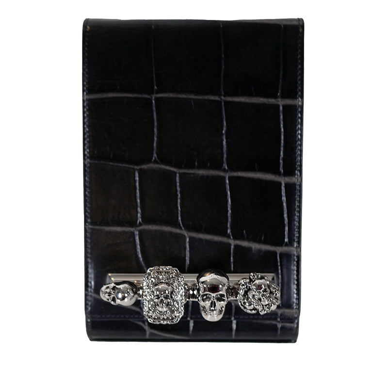 NEW $1,790 ALEXANDER MCQUEEN Black Leather FOUR RING SKULL KNUCKLE Messenger BAG