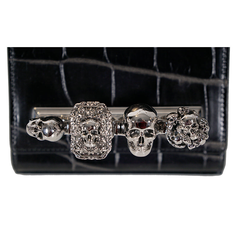 NEW $1,790 ALEXANDER MCQUEEN Black Leather FOUR RING SKULL KNUCKLE Messenger BAG