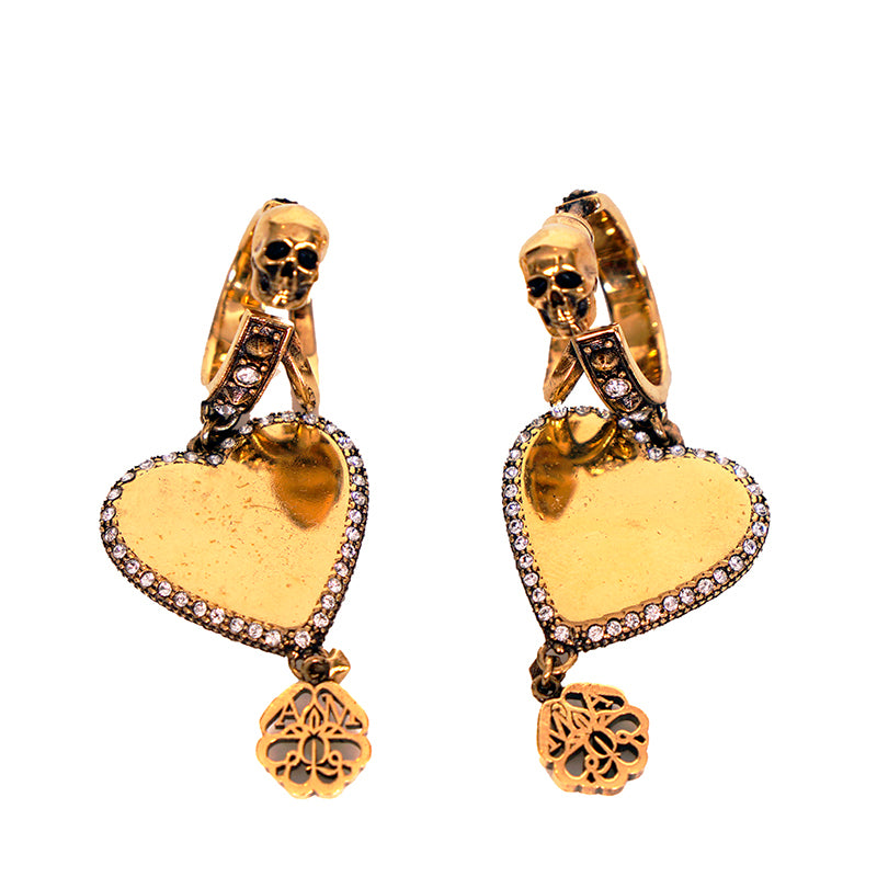 NEW $650 ALEXANDER MCQUEEN Gold Brass Crystal LOGO HEART HOOP SKULL EARRINGS