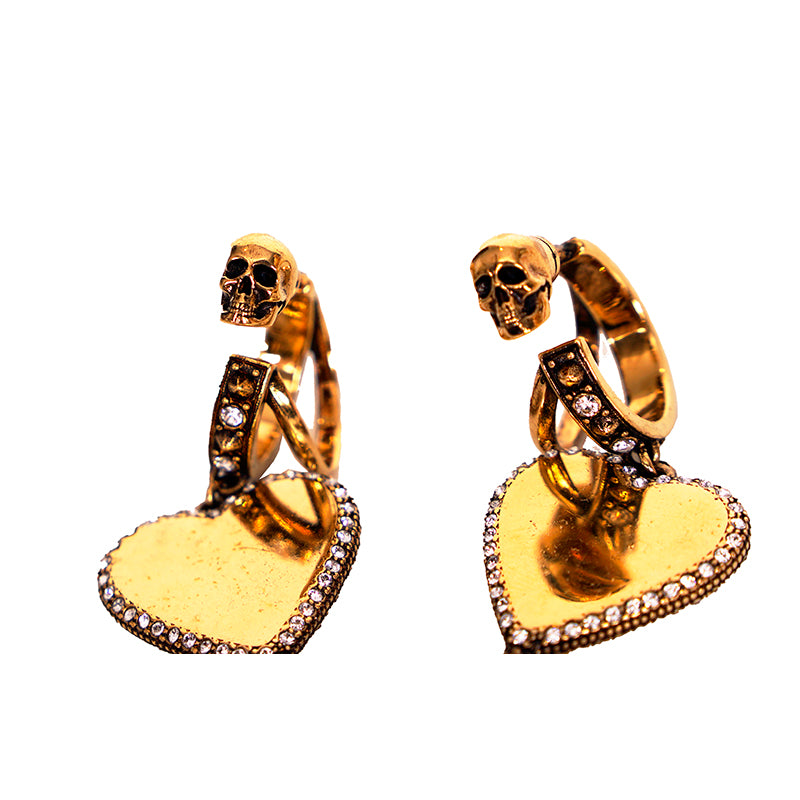 NEW $650 ALEXANDER MCQUEEN Gold Brass Crystal LOGO HEART HOOP SKULL EARRINGS