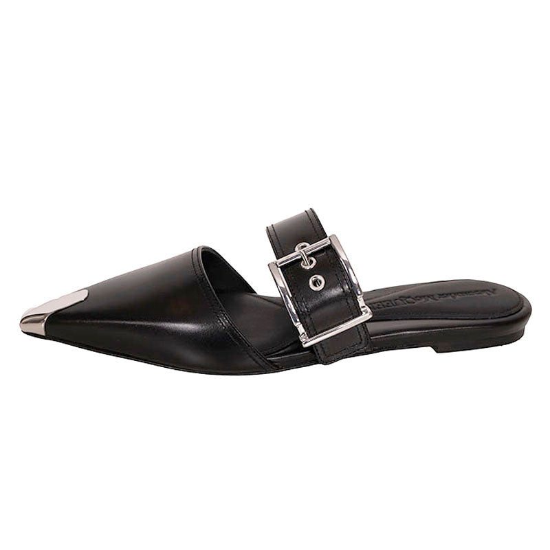 37.5 NEW $1050 ALEXANDER MCQUEEN Black Leather METAL POINT TOE SlipOn Mule FLATS