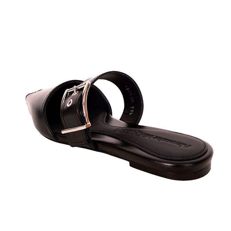 37.5 NEW $1050 ALEXANDER MCQUEEN Black Leather METAL POINT TOE SlipOn Mule FLATS