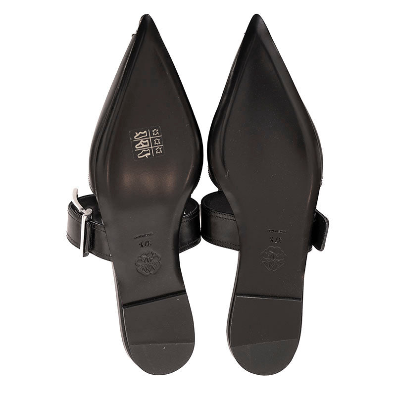 37.5 NEW $1050 ALEXANDER MCQUEEN Black Leather METAL POINT TOE SlipOn Mule FLATS