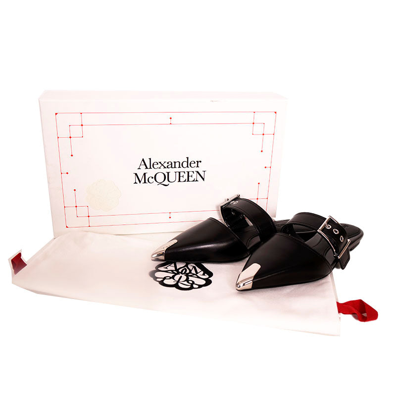 37.5 NEW $1050 ALEXANDER MCQUEEN Black Leather METAL POINT TOE SlipOn Mule FLATS