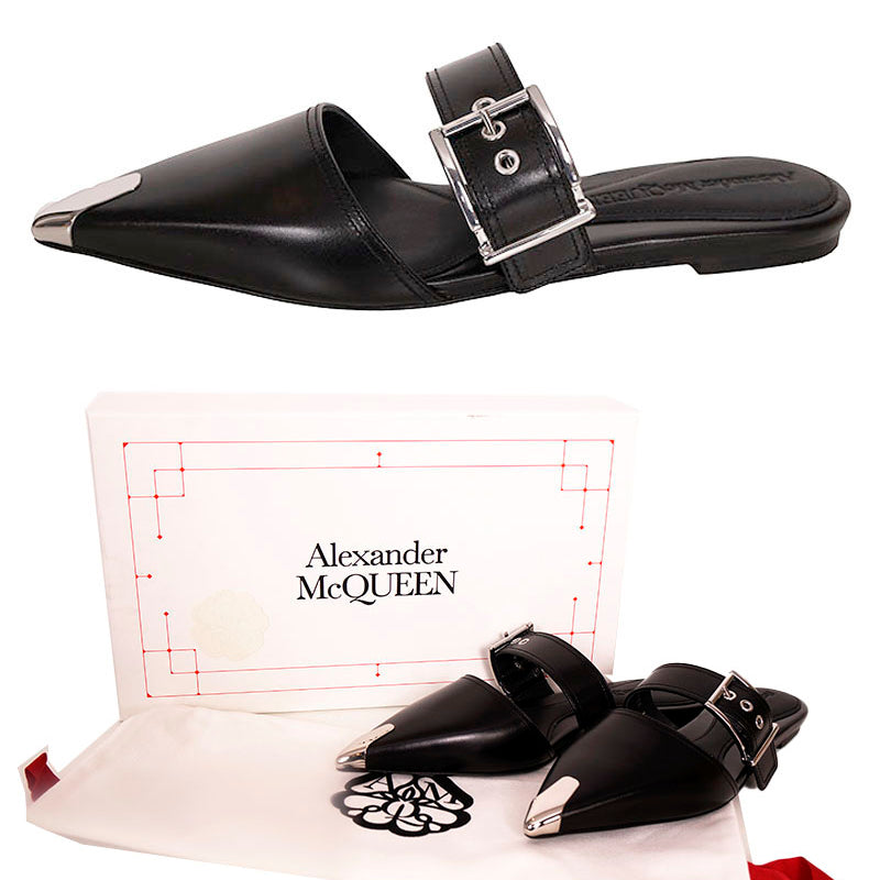 37.5 NEW $1050 ALEXANDER MCQUEEN Black Leather METAL POINT TOE SlipOn Mule FLATS
