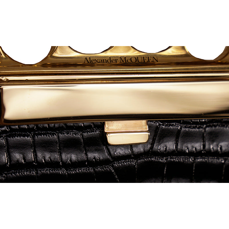 NEW $2190 ALEXANDER MCQUEEN Black Croc GOLD JEWELED KNUCKLE 4 Ring SKULL BAG NWT
