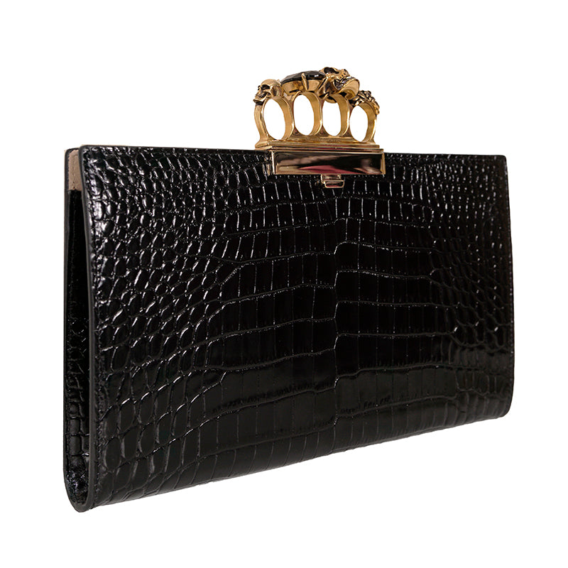 NEW $2190 ALEXANDER MCQUEEN Black Croc GOLD JEWELED KNUCKLE 4 Ring SKULL BAG NWT