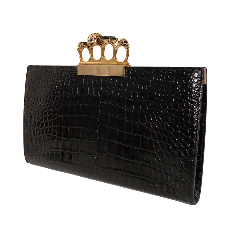 NEW $2190 ALEXANDER MCQUEEN Black Croc GOLD JEWELED KNUCKLE 4 Ring SKULL BAG NWT