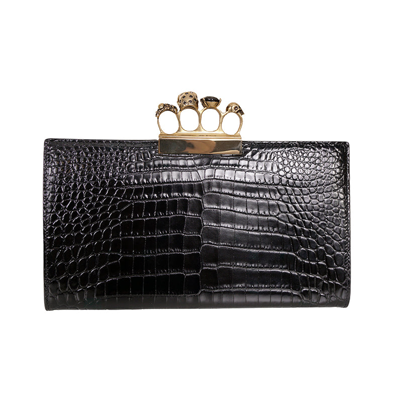 NEW $2190 ALEXANDER MCQUEEN Black Croc GOLD JEWELED KNUCKLE 4 Ring SKULL BAG NWT