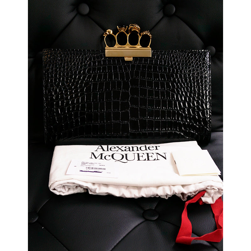 NEW $2190 ALEXANDER MCQUEEN Black Croc GOLD JEWELED KNUCKLE 4 Ring SKULL BAG NWT