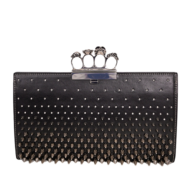 NEW $2990 ALEXANDER MCQUEEN Black SILVER SPIKE STUDDED KNUCKLE 4 Ring SKULL BAG