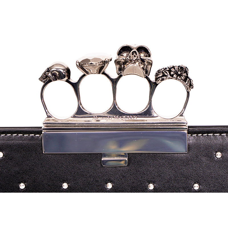 NEW $2990 ALEXANDER MCQUEEN Black SILVER SPIKE STUDDED KNUCKLE 4 Ring SKULL BAG