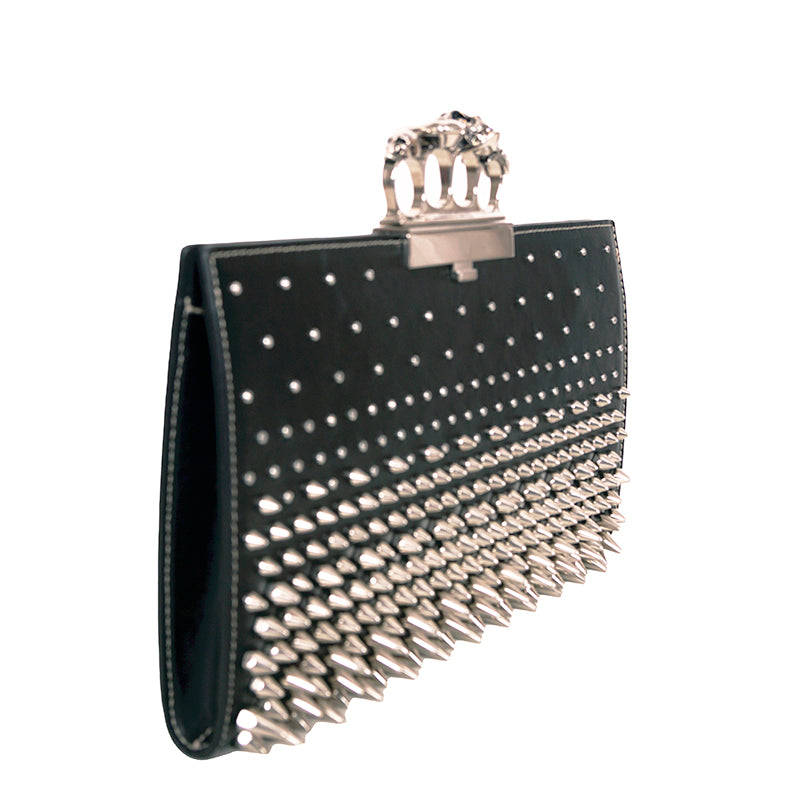 NEW $2990 ALEXANDER MCQUEEN Black SILVER SPIKE STUDDED KNUCKLE 4 Ring SKULL BAG