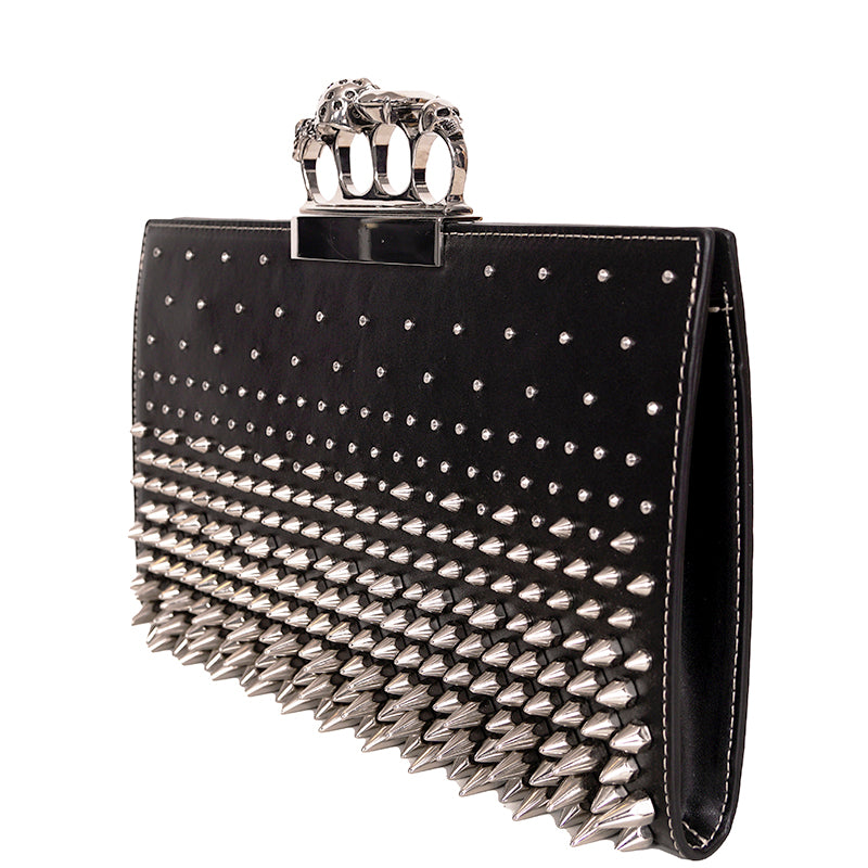 NEW $2990 ALEXANDER MCQUEEN Black SILVER SPIKE STUDDED KNUCKLE 4 Ring SKULL BAG