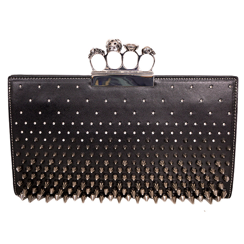 NEW $2990 ALEXANDER MCQUEEN Black SILVER SPIKE STUDDED KNUCKLE 4 Ring SKULL BAG